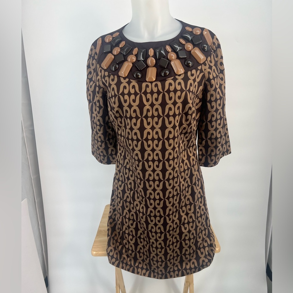 Milly of New York Brown Silk Trim Embellished Neck Dress Sz 8 Statement - Picture 5 of 16